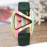 Unique Colorful Wood Watch Creative Triangle Shape Dial Hour Clock Women Quartz Leather Bracelet Watch Women's Wrist Reloj Mujer